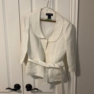 White belted 3/4 sleeve linen jacket